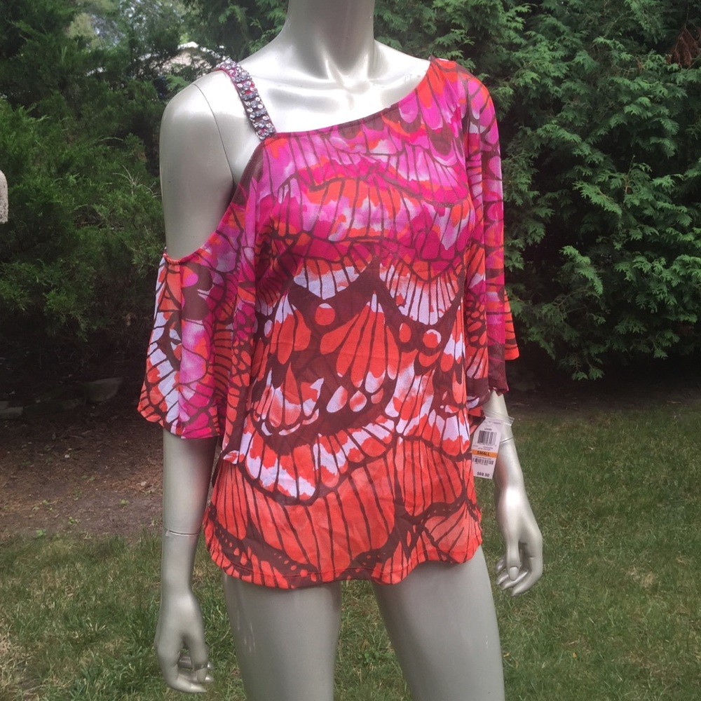 ⚡️Inc Lavish $69 rhinestone tangerine & purple asymmetrical top S